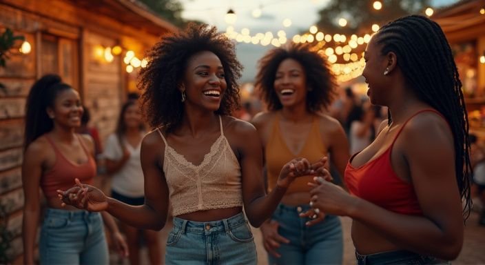 Een groep vrouwen geniet van een levendig muziek evenement in de buitenlucht. Een groep vrouwen geniet van een levendig muziek evenement in de buitenlucht.