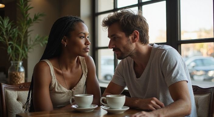 Een man en een vrouw delen een intiem gesprek aan tafel. Een man en een vrouw delen een intiem gesprek aan tafel tijdens hun donkere vrouwen sexdating.