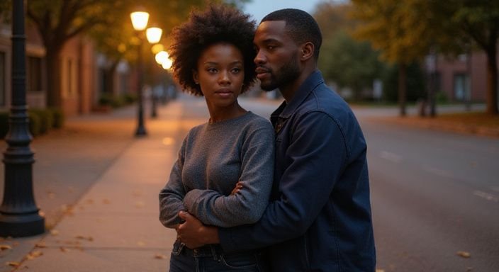 Een jong stel staat intiem dicht bij elkaar op een verlaten stoep. Een jong stel staat intiem dicht bij elkaar op een verlaten stoep.