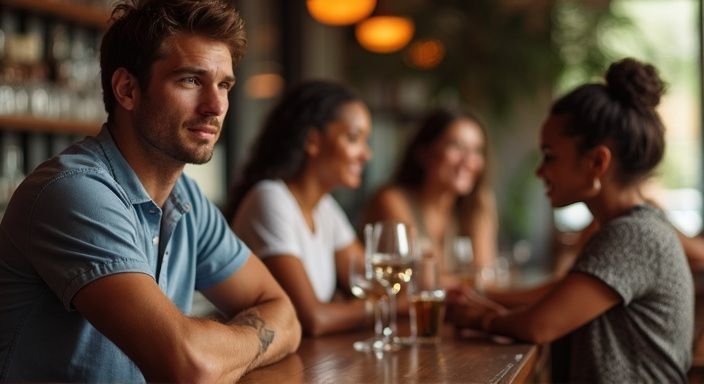 Een man observeert enthousiast een groep vrouwen in gesprek. Een man observeert enthousiast een groep vrouwen in gesprek.