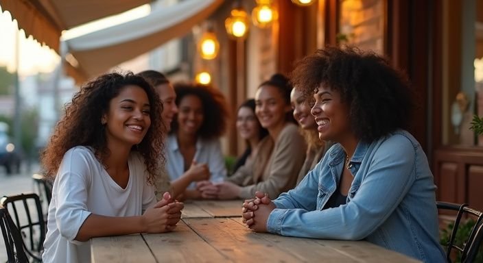 Een groep vrouwen geniet van een ontspannen moment op een caféterras. Een groep vrouwen geniet van een donkere vrouwen sexdating op een caféterras.