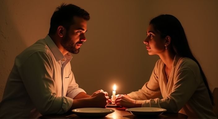 Een man en een vrouw delen een intieme maaltijd aan tafel. Een man en een vrouw delen een intieme maaltijd aan tafel
