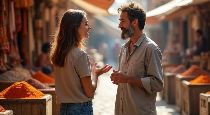 Een vrouw in een markt, omringd door kleurrijke textielen en specerijen. Een vrouw in een markt, omringd door kleurrijke textielen en specerijen