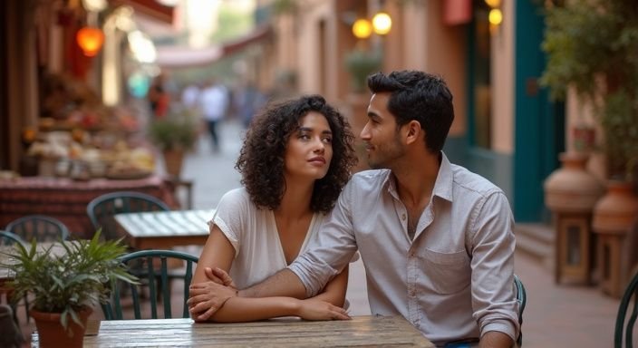 Een stel geniet van een intiem gesprek in een café in Marrakesh. Een stel geniet van een intiem gesprek in een café in Marrakesh