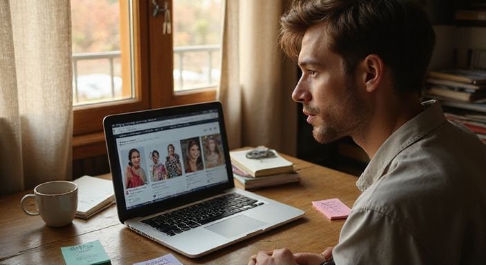 Een man werkt geconcentreerd aan zijn laptop op een rommelige bureau. Een man zoekt geconcentreerd op zijn laptop naar Marokkaanse vrouwen sexdating.