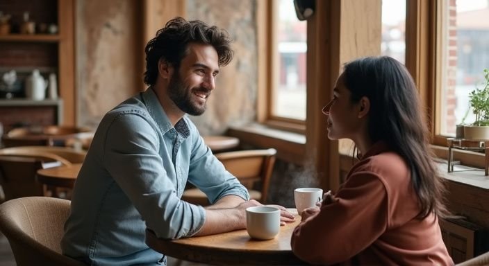 Een man en een vrouw genieten van een gesprek aan tafel. Een man en een vrouw genieten van een gesprek over Marokkaanse vrouwen sexdating aan tafel