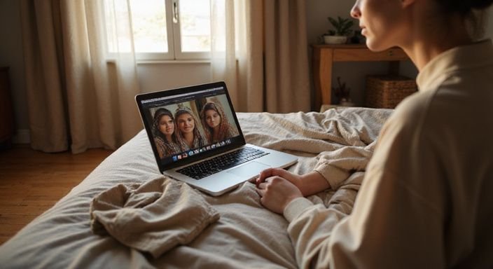 Een slaapkamer met een laptop en een open datingwebsite. Een slaapkamer met een laptop en een open datingwebsite