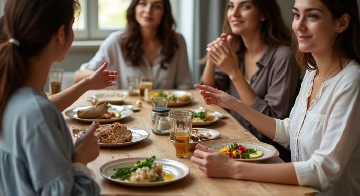 Vrouwen genieten van een intiem gesprek aan een houten eettafel. Vrouwen genieten van een intiem gesprek aan een houten eettafel.