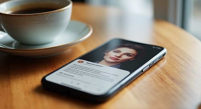 Een smartphone met een profielfoto en een kopje koffie ernaast. Een smartphone met een profielfoto voor Turkse Vrouwen sexdatingen een kopje koffie ernaast.
