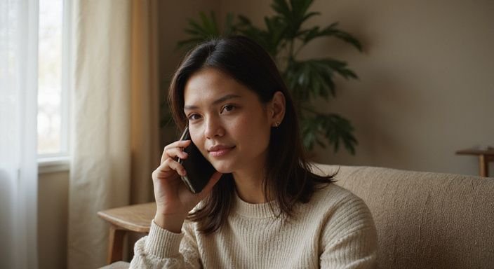 Een vrouw in haar 20's is verdiept in een telefoongesprek. Een vrouw is verdiept in een telefoongesprek over.