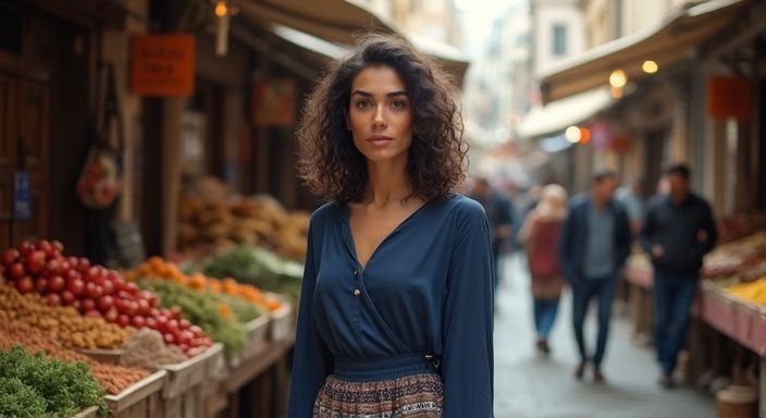 Een vrouw in een levendige marktscène met traditionele kleding. Een vrouw in een levendige marktscène met traditionele kleding wil Turkse Vrouwen sexdating.