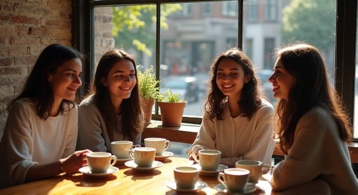 Vijf vrouwen genieten van koffie in een gezellige koffiebar. Vijf vrouwen genieten van koffie in een gezellige koffiebar.