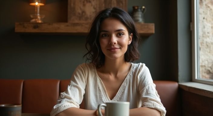 Een jonge vrouw geniet van een gesprek in een gezellige café. Een jonge vrouw geniet van een gesprek in een gezellige café.