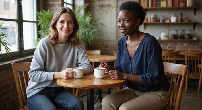 Twee vrouwen delen een warm gesprek in een sfeervol café.