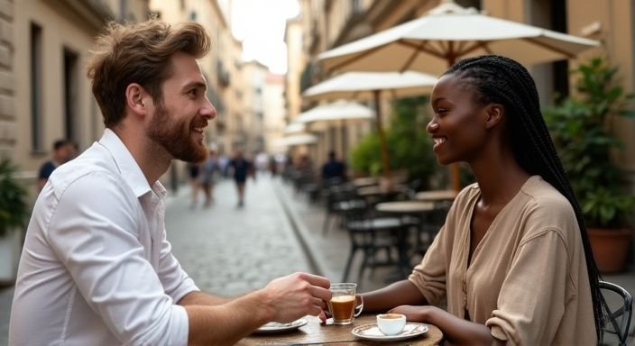 Twee mensen genieten van een intiem gesprek in een café.
