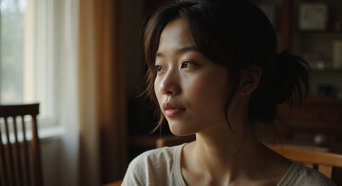 Een ontspannen vrouw in een cozy ruimte met een rustige uitstraling.