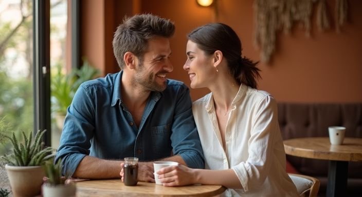 Een man en vrouw genieten van Aziatische vrouwen sexdating in een café.