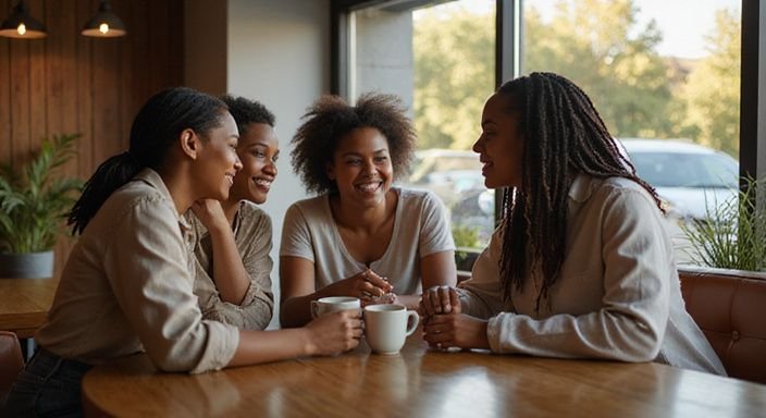 Een groep vrouwen geniet van getinte vrouwen sexdating in een koffiehuis
