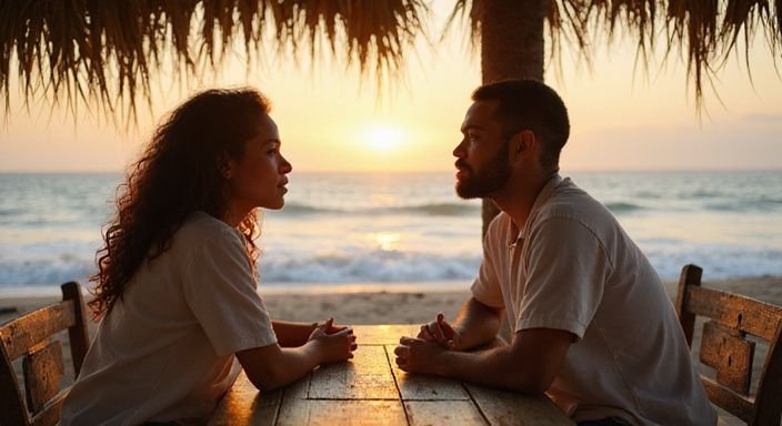 Een jong koppel geniet van een intiem diner aan het strand. Een jong koppel geniet van een intiem diner aan het strand.