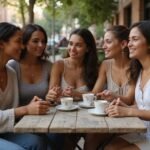 Een groep vrouwen geniet van elkaars gezelschap in een café