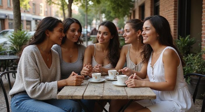 Een groep vrouwen geniet van elkaars gezelschap in een café. Een groep vrouwen geniet van getinte vrouwen sexdating in een café.