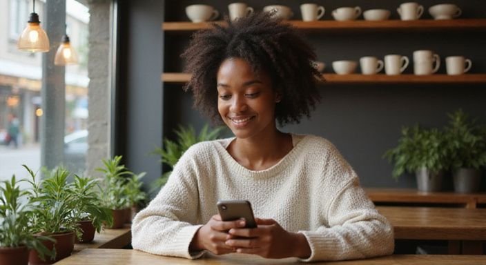 Een jonge vrouw zit ontspannen met haar smartphone in een café. Een jonge vrouw zit ontspannen met haar smartphone in een café.