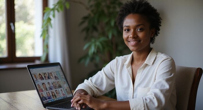 Een vrouw zit ontspannen achter een houten bureau met een laptop. Een vrouw zit ontspannen achter een houten bureau met een laptop.