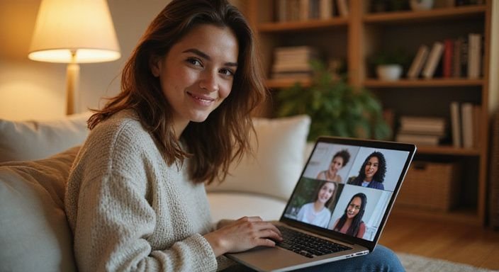 Een jonge vrouw lacht tijdens een videogesprek op haar laptop. Een jonge vrouw lacht tijdens een videogesprek over getinte vrouwen sexdating op haar laptop.