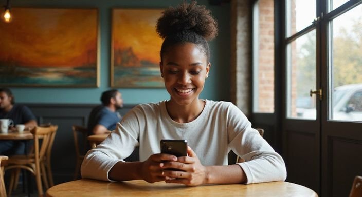 Een jonge vrouw geniet van een rustige café-moment met haar smartphone. Een jonge vrouw geniet van een rustige café-moment met haar smartphone.