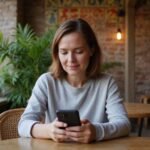 Een vrouw in een café kijkt ontspannen naar haar smartphone