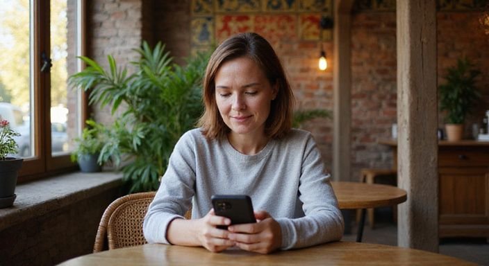 Een vrouw in een café kijkt ontspannen naar haar smartphone