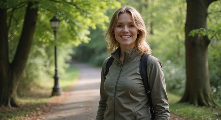 Een vrouw in een wandeloutfit, glimlachend in de natuur.
