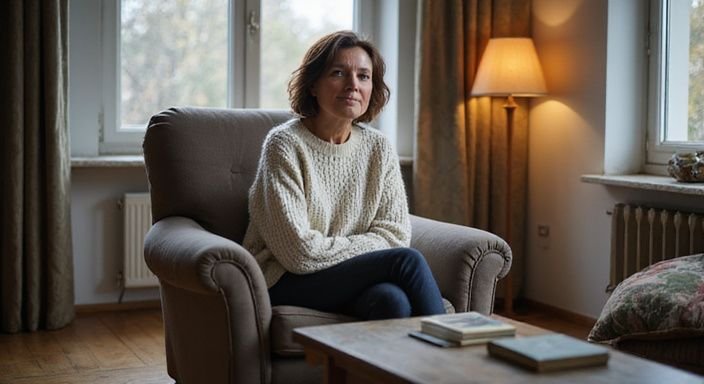 Een vrouw in een comfortabele woonkamer, genietend van oudere vrouwen dating Oost-Vlaanderen