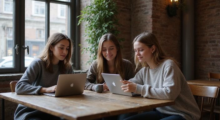 Groep jonge vrouwen onderzoekt datingsites in een gezellige koffiebar.