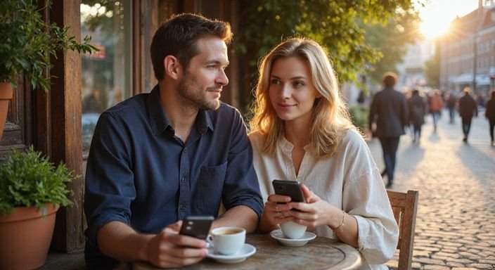 Een man en vrouw genieten van een intiem gesprek buiten een café.