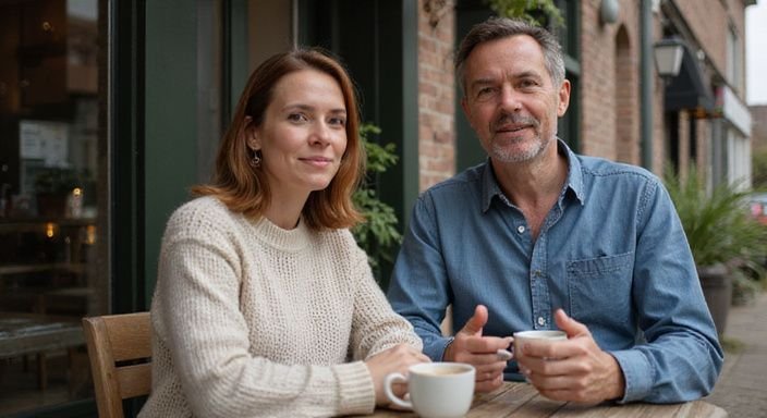 Een vrouw en man genieten van oudere vrouwen dating Oost-Vlaanderen aan een café tafel.