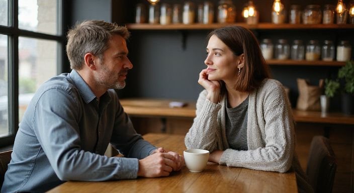 Een man en vrouw zitten samen in een café, verdiept in gesprek.