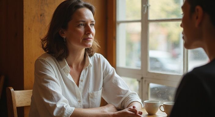 Een oudere vrouw zit aan een houten tafel in een café.