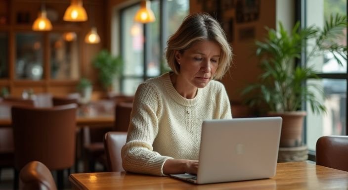 Een vrouw leest aandachtig op haar laptop in een gezellig café en zoekt oudere vrouwen sexcontact Vlaams-Brabant.