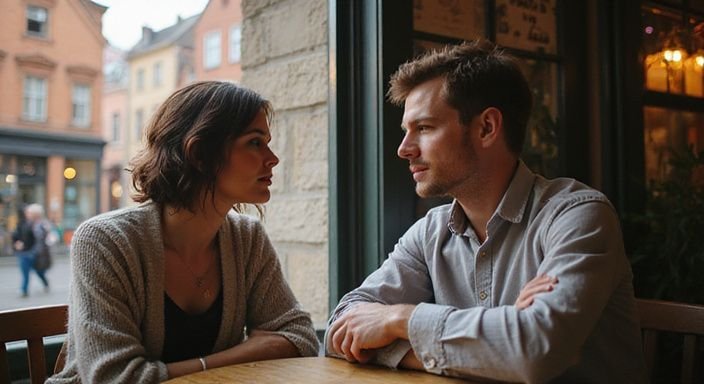 Een man en vrouw in gesprek in een Brugse café.