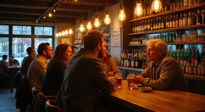 Drukke bar in Oostende met gezellige gasten en warme sfeer.