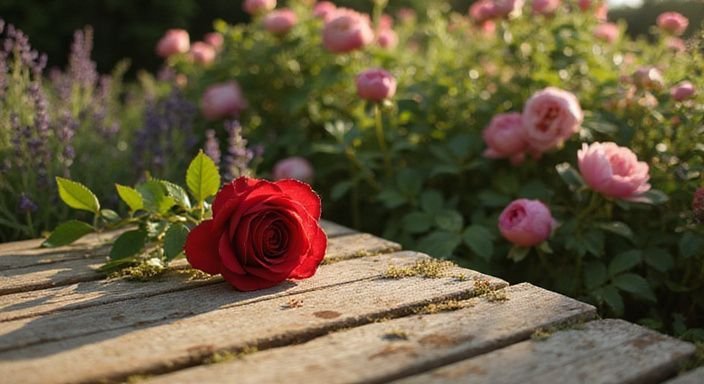 Een serene tuin met bloemen en een oude houten bank.