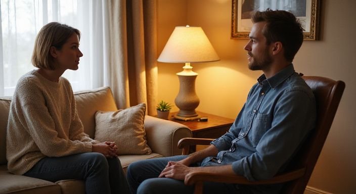 Een vrouw en een man hebben een respectvolle, intieme conversatie over oudere vrouwen sexcontact West-Vlaanderen.