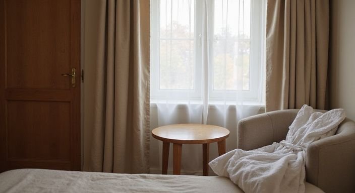 Een rustige hotelkamer met rustige, neutrale kleuren en uitnodigende inrichting. Een rustige hotelkamer met rustige, neutrale kleuren en uitnodigende inrichting.
