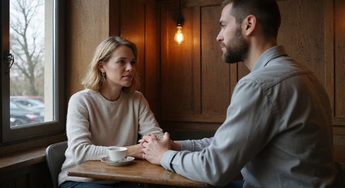 Een vrouw en een man voeren een rustige conversatie in een café. Een vrouw en een man voeren een rustige conversatie over rijpe vrouwen sexcontact in Antwerpen in een café.