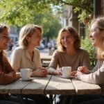 Een groep vrouwen geniet van koffie en lachen op een terras