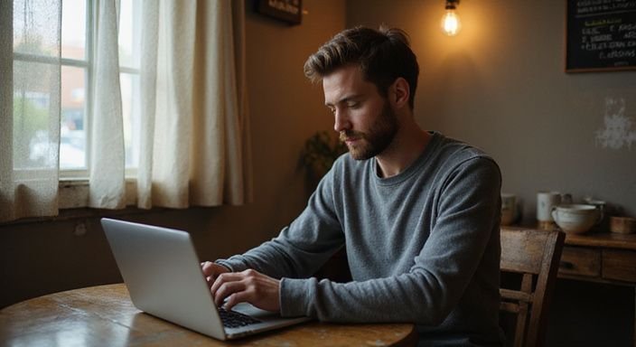Een man in een café werkt geconcentreerd op zijn laptop. Een man in een café zoekt op zijn laptop naar rijpe vrouwen sexcontact in Antwerpen.