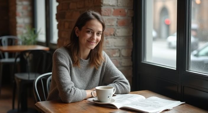 Een vrouw geniet van koffie in een gezellige caféhoek. Een vrouw geniet van rijpe vrouwen sexcontact in Antwerpen in een gezellige caféhoek.
