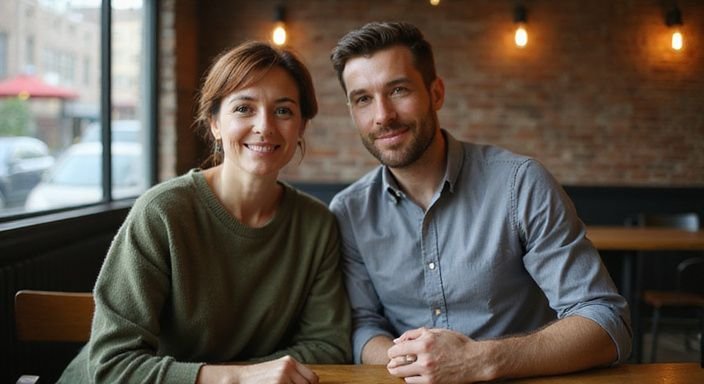 Een vrouw en een man delen een intiem en warm moment in een café.