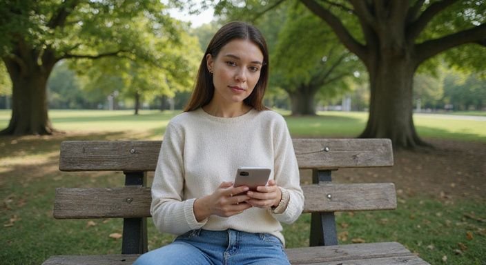Een volwassen vrouw zit op een houten bank en kijkt geconcentreerd op haar smartphone.